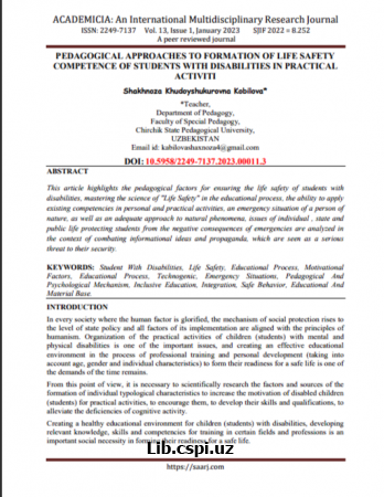 PEDAGOGICAL APPROACHES TO FORMATION OF LIFE SAFETY  COMPETENCE OF STUDENTS WITH DISABILITIES IN PRACTICAL  ACTIVITI
